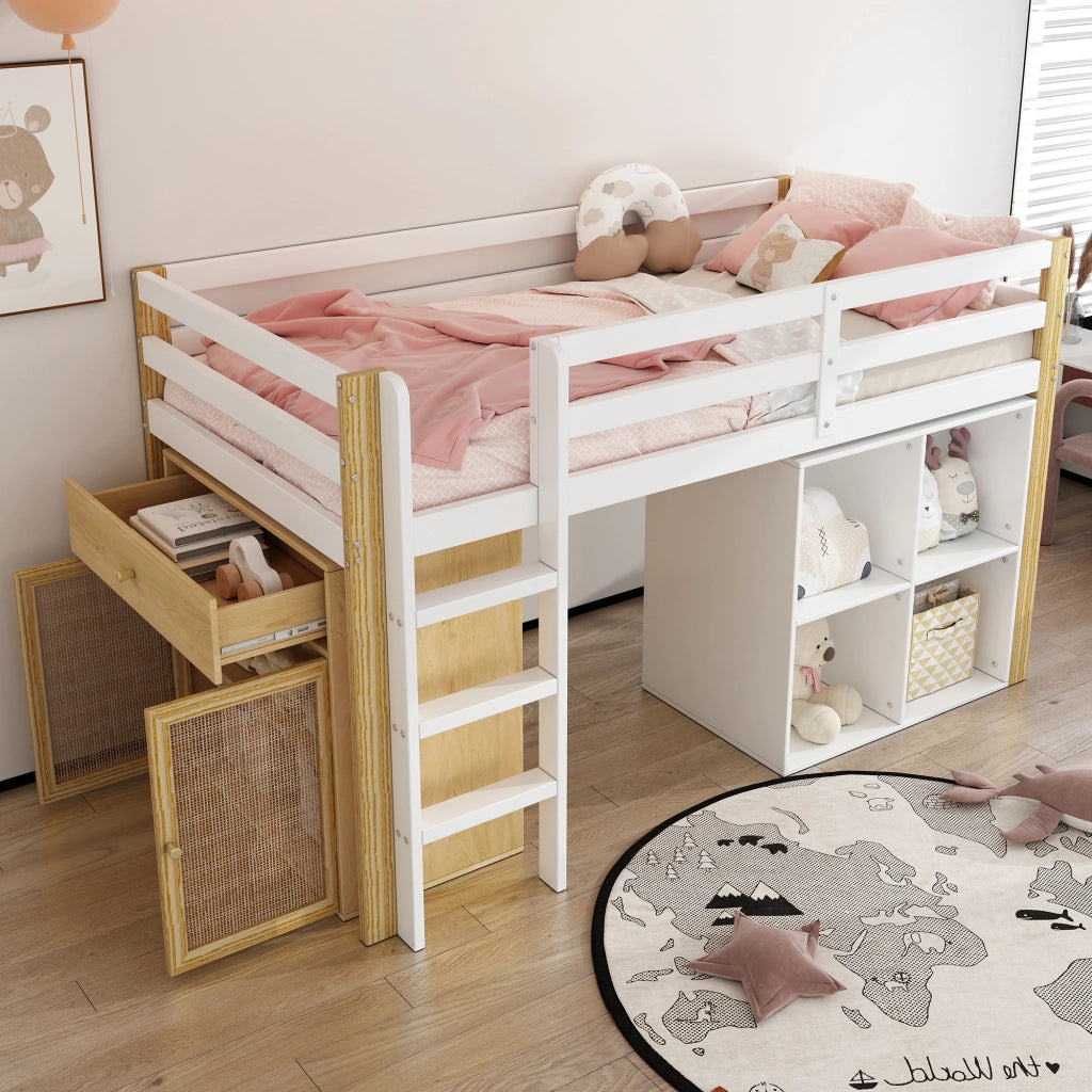 Letto a castello con scaletta 90x200 cm in legno massello bianco naturale