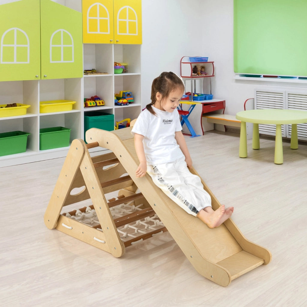 Arrampicata in legno per bambini 4-in-1 con scivolo, Arrampicata a triangolo per interni con rete Naturale