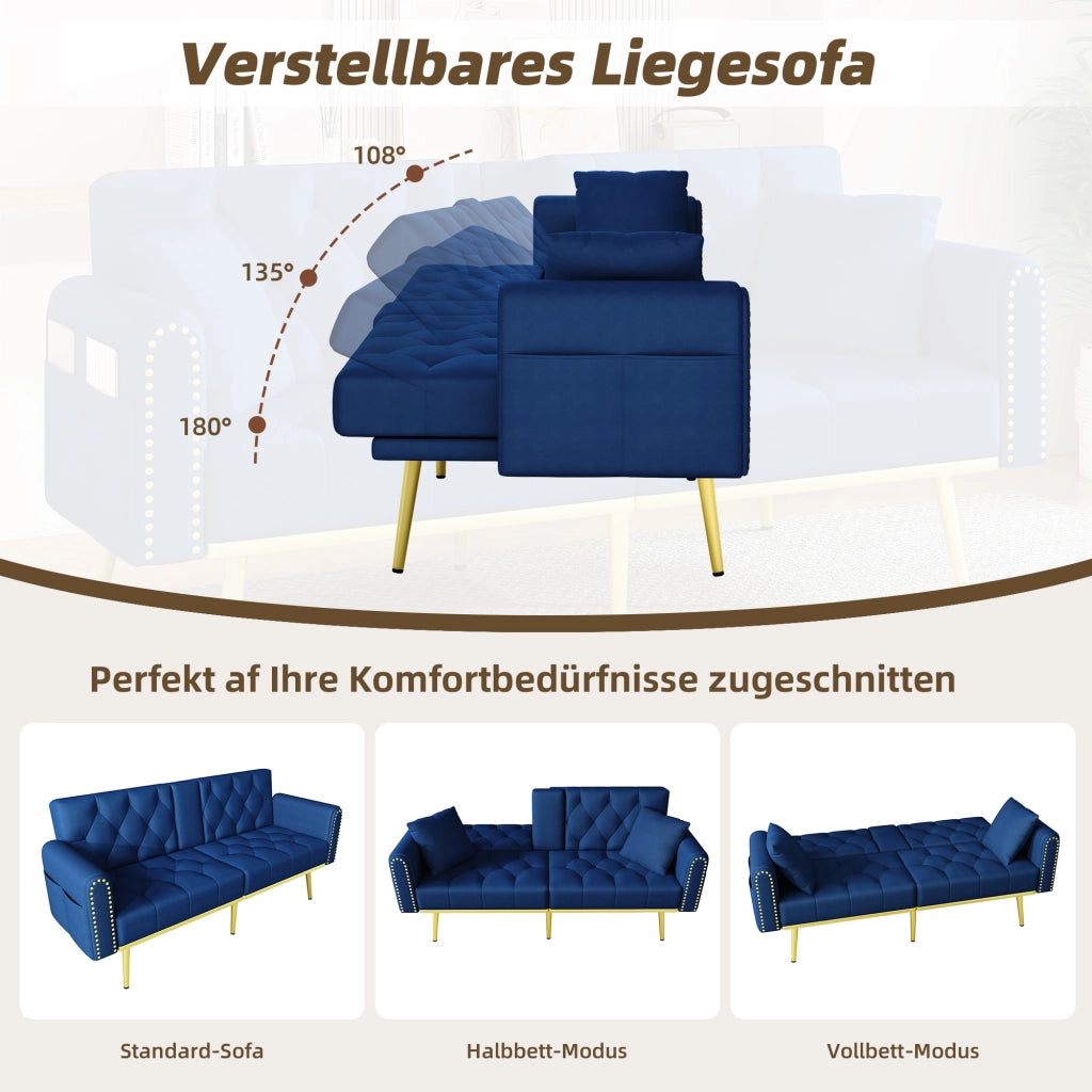 Divano letto convertibile con schienale regolabile, portabicchieri, tasca laterale e cuscini in velluto blu
