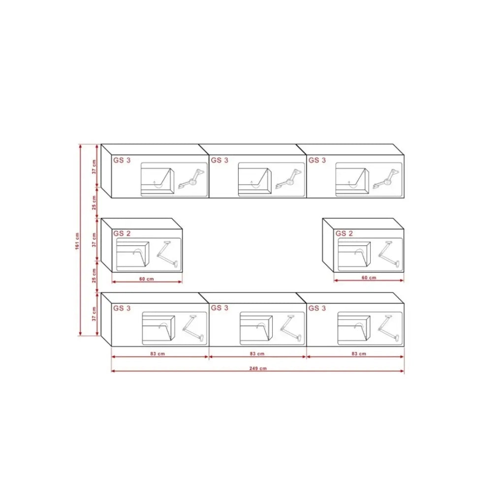 Set di mobili da soggiorno bianchi e neri sospesi collezione CEPTO VII 249cm, 8 porte, modulari.