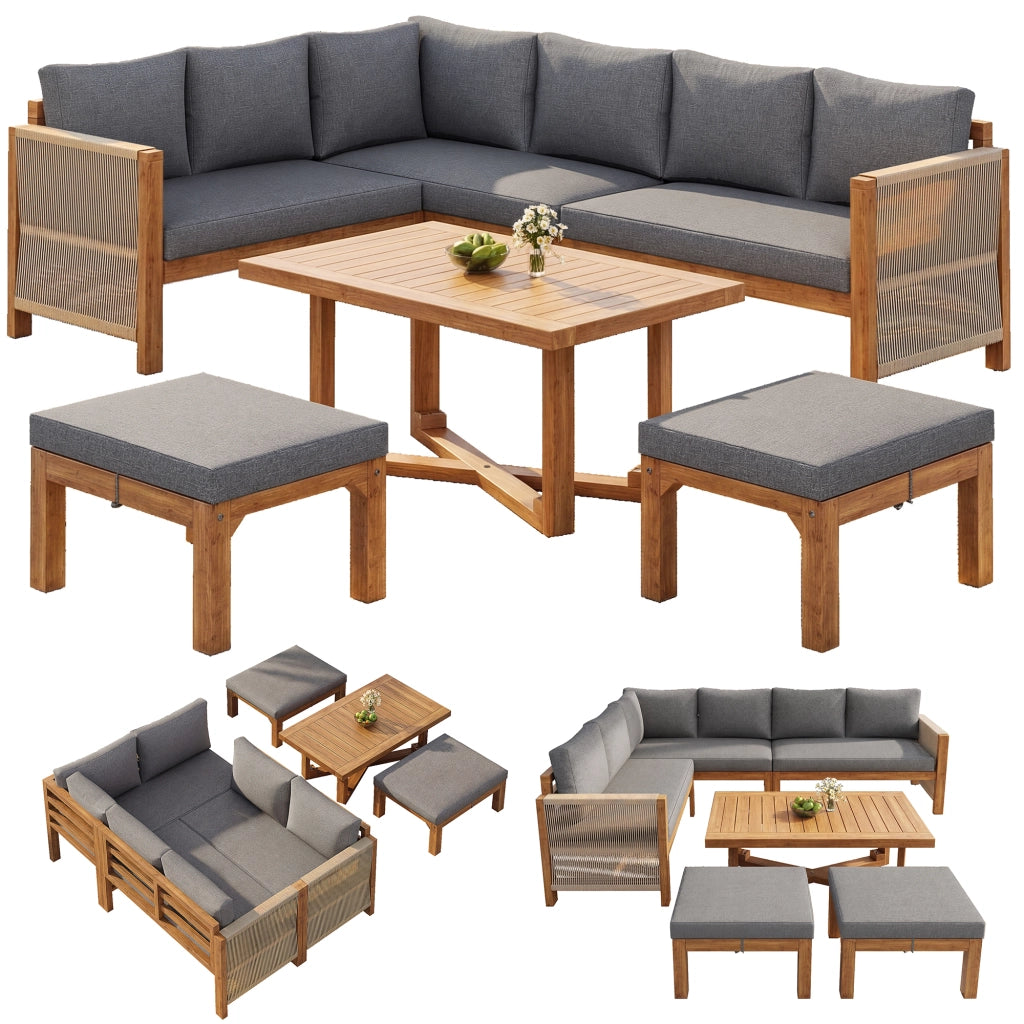 Set Divano Angolare da Giardino in Legno Acacia con Cuscini ¨C Xylo ¨C 6 Posti, 2 Sgabelli e Tavolo