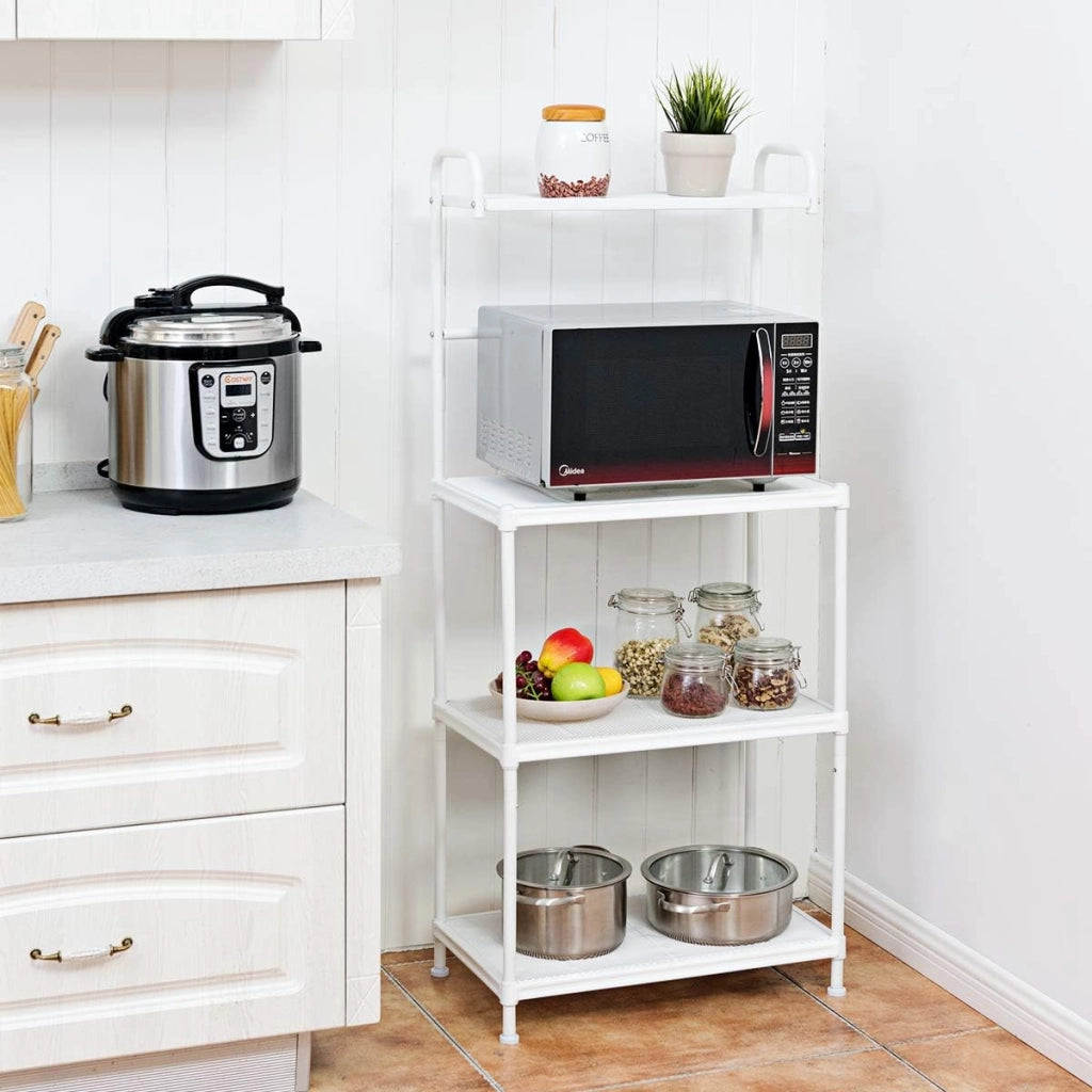Mensola da Cucina a 4 Livelli in Metallo, con 4 Piedini Antiscivolo, 60 x 34,5 x 136 cm, Supporto per Forno a Microonde, Scaffale Multifunzionale per Cucina e Sala da Pranzo (Bianco)