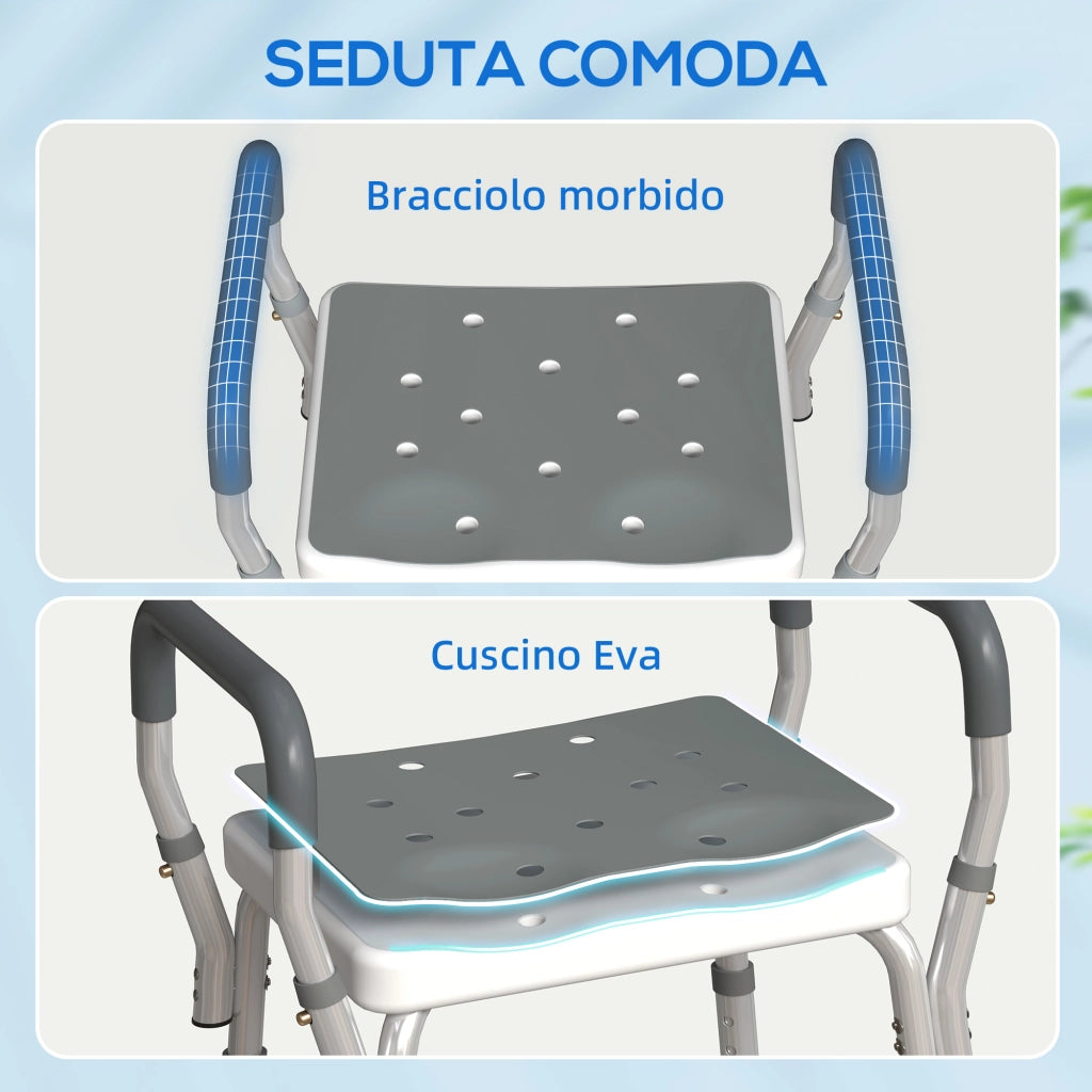 Sgabello per Doccia Regolabile con Braccioli e Fori di Drenaggio in Alluminio, 52x45x57-69 cm, Grigio