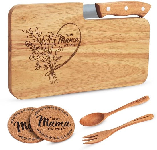 Tavolo da colazione in legno, miglior regalo per le madri, tavolo da colazione per le madri, tavolo da colazione + forchetta e cucchiaio con incisione + sottopiatto in vetro