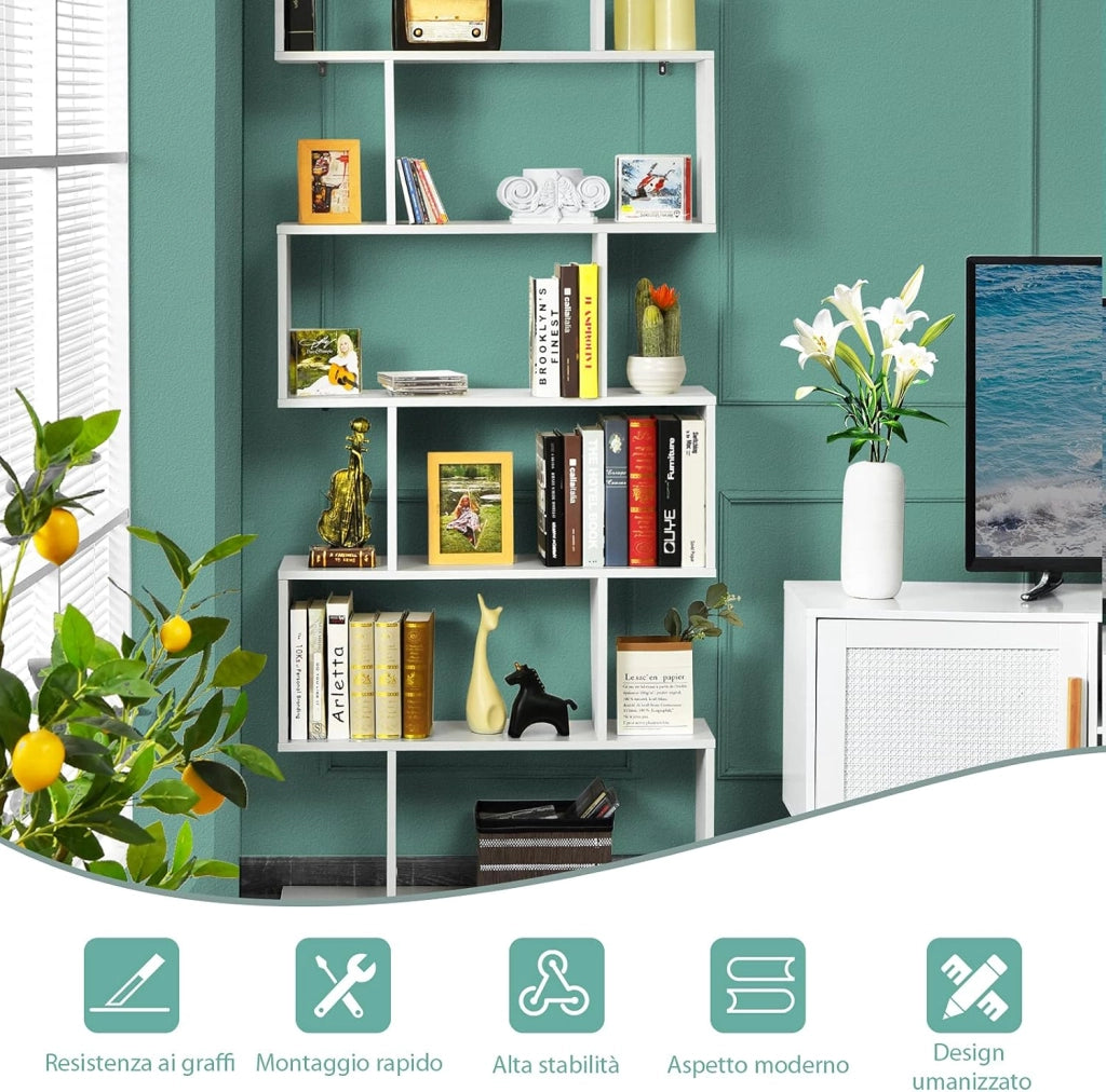 Libreria in Legno Scaffale Multifunzionale a 6 Ripiani per Piante e Libri per Ufficio Casa Ripiano a Forma di S, 80 x 23 x 192 cm (Bianco)