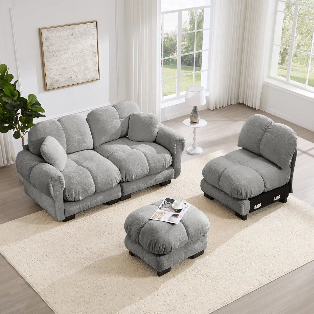 Divano angolare a 3 posti in chenille con chaise longue mobile e cuscini decorativi imbottitura spessa grigio chiaro