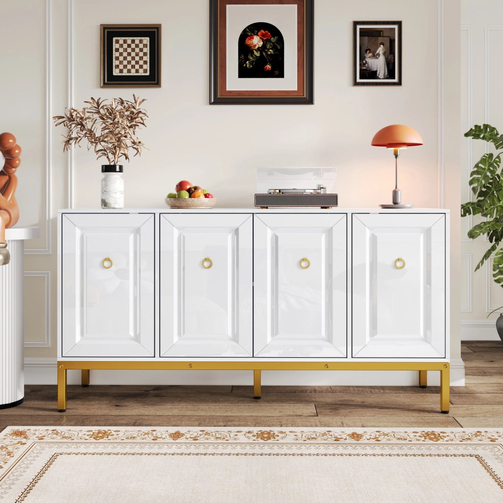 Credenza bianca lucida con gambe in metallo dorato e ripiani regolabili per soggiorno, 140 × 40 × 80 cm