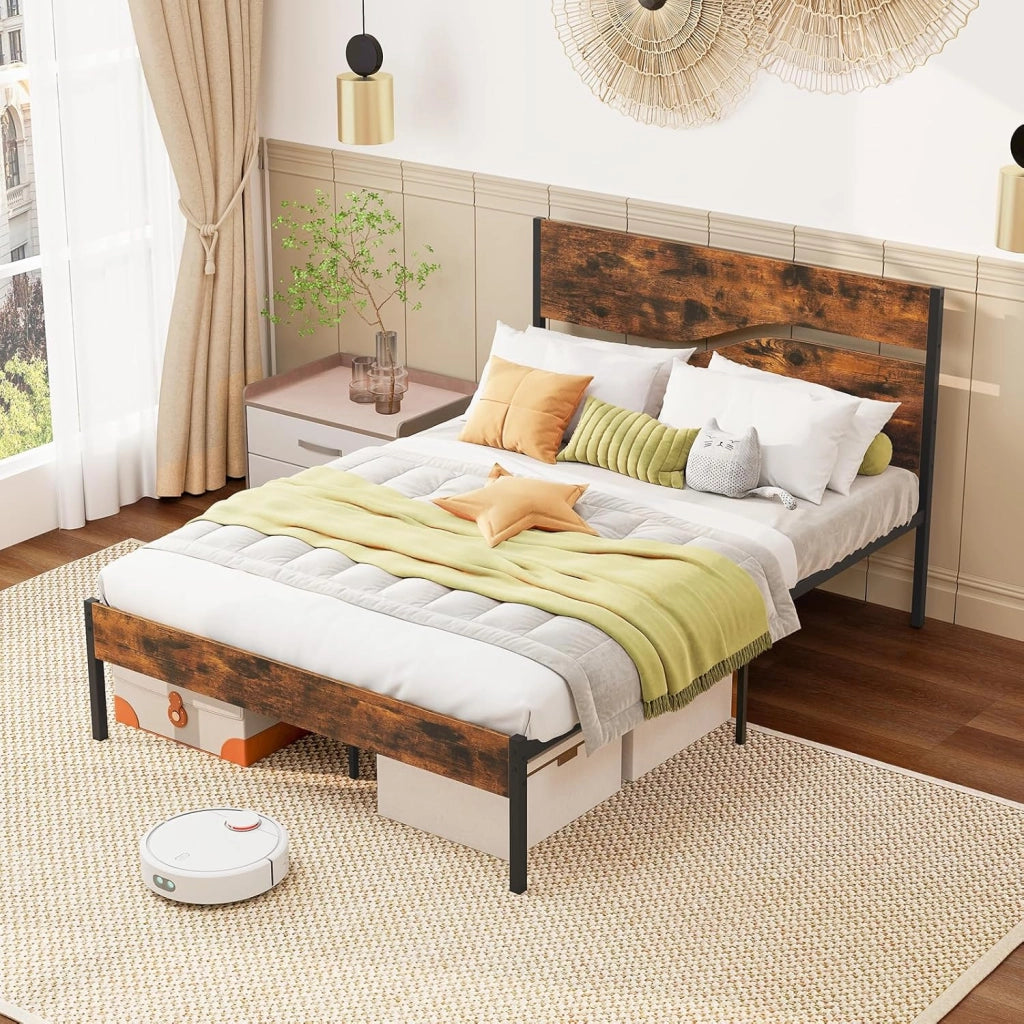 Telaio letto per materasso da 140 x 200 cm, letto in metallo con rete a doghe, letto a piattaforma con testiera, letto matrimoniale industriale in metallo e legno, letto per gli ospiti rustico