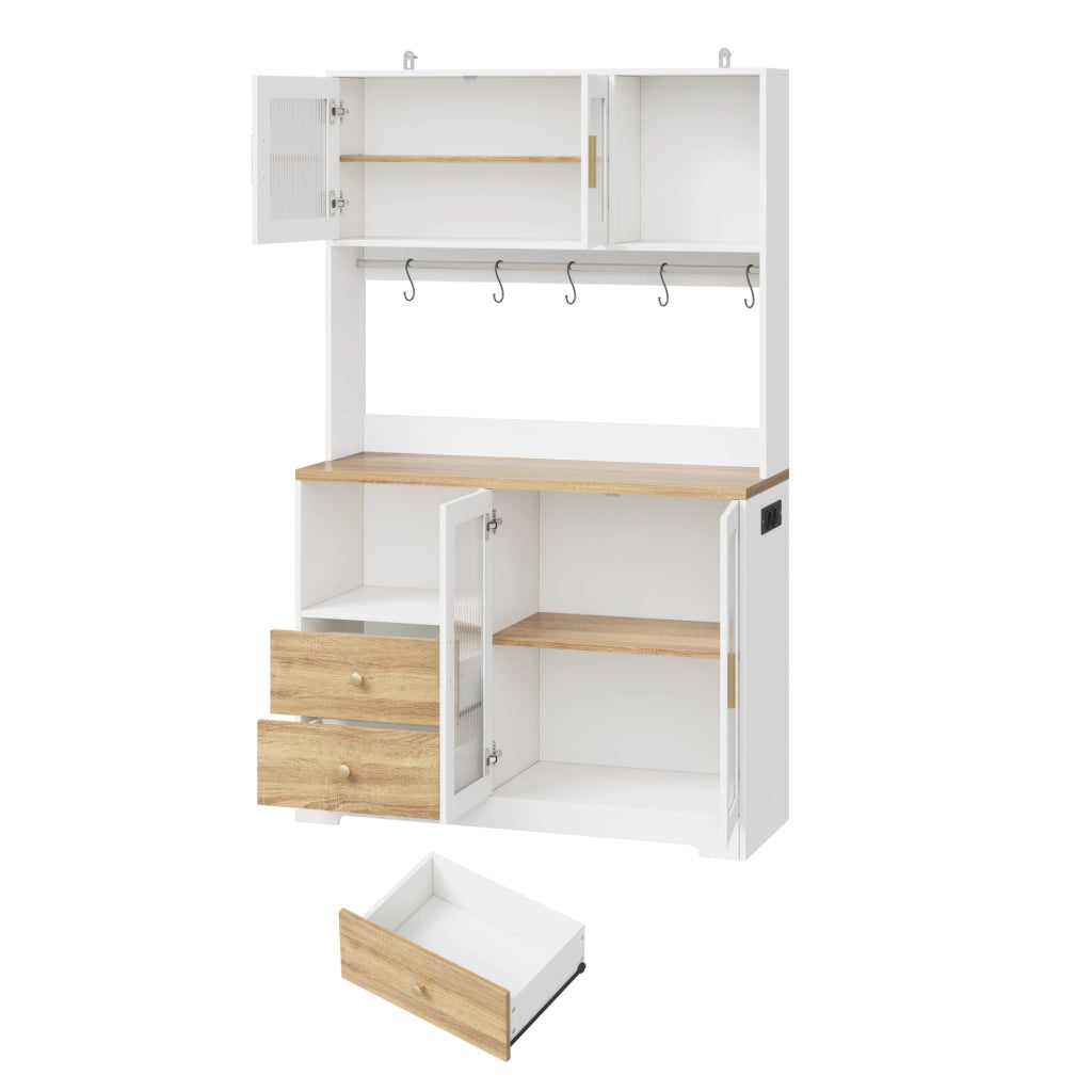 Credenza cucina 110x40x178 cm con LED e prese; vetri temperati; MDF naturale e bianco