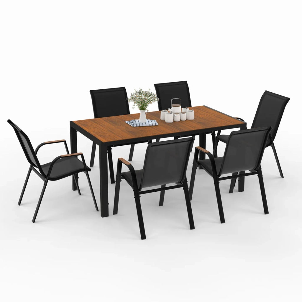 IDMarket - Set di mobili da giardino NOUMEA - Tavolo da 150 cm con piano in vetro temperato effetto legno e 6 sedie impilabili in legno e n