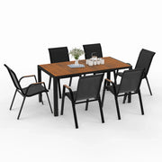 IDMarket - Set di mobili da giardino NOUMEA - Tavolo da 150 cm con piano in vetro temperato effetto legno e 6 sedie impilabili in legno e n