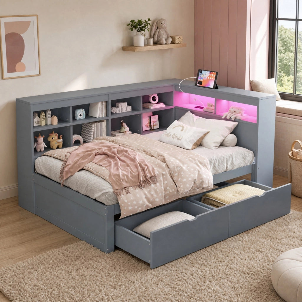 LETTO divano 90x200 cm con cassetti USB LED in legno grigio