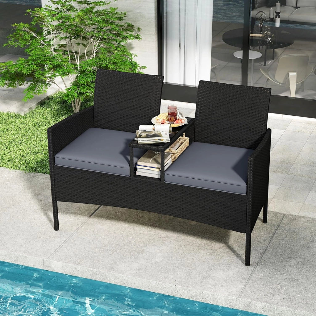 Divanetto da Esterno in Rattan, Set Conversazione da Patio a 2 Posti con Tavolino da Caffè Integrato, Cuscini Rimovibili, Mobili in Vimini per Giardino, Balcone, Veranda (Grigio)