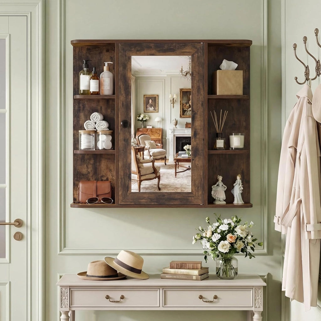 Mobile Bagno da Parete, Armadietto Pensile in Legno con 1 Anta, 6 Scomparti Aperti e 3 Ripiani, Mobiletto da Bagno Salvaspazio per Soggiorno e Camera da Letto, 66 x 16,5 x 63 cm (Marrone)