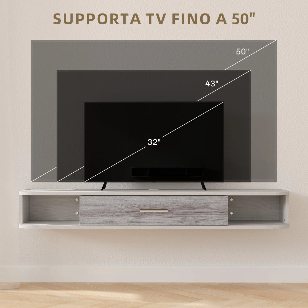 Mobile TV Sospeso con 2 Ripiani Aperti e Armadietto ad Anta Ribaltabile, Mobile Porta TV in Legno, 120x26x16 cm, Bianco e Grigio