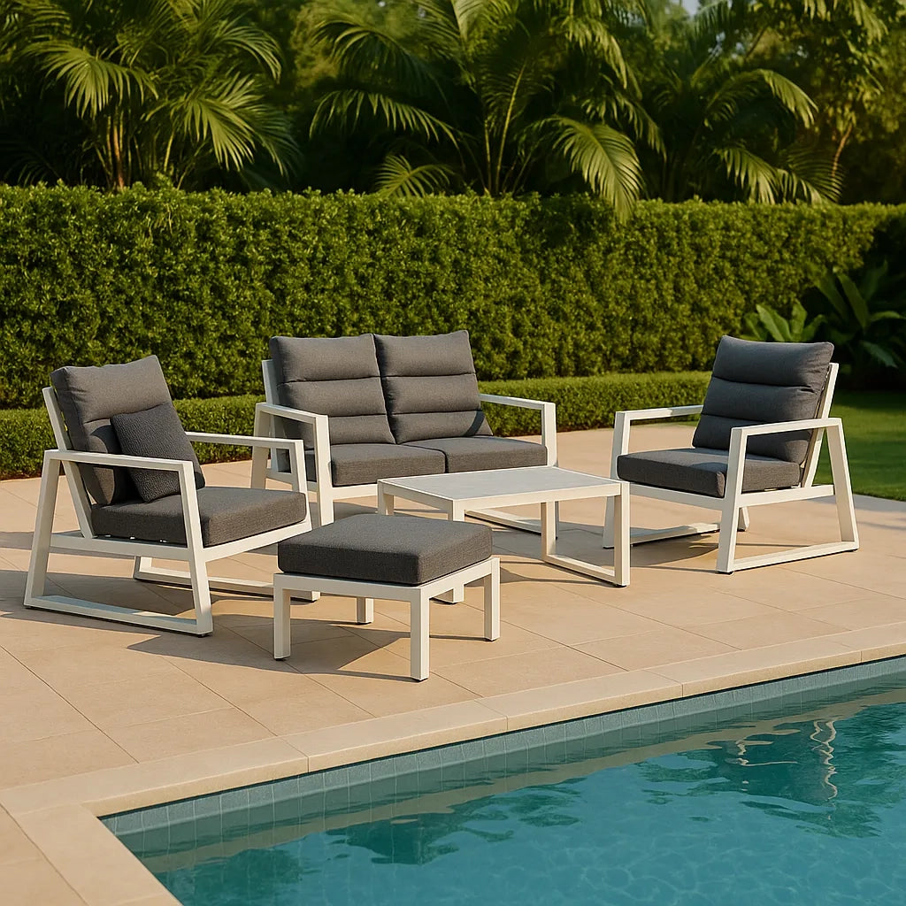 Tempo Style - Salottino Lounge in alluminio MIKONOS bianco/grigio | Lounge da giardino con divano, tavolo, 2 poltrone e cuscini | Set di mobili da giardino in metallo da 4 persone