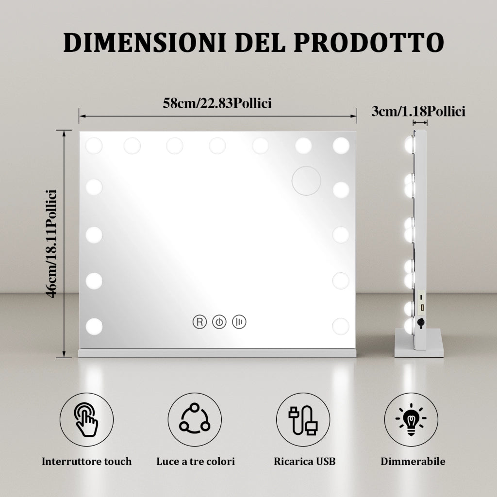 Specchio per il trucco con luce,15 lampadine LED,3 modalit¨¤ di luce, intensit¨¤ regolabile,controllo touch,porta USB/tipo C,58 x 46 x 3 cm,