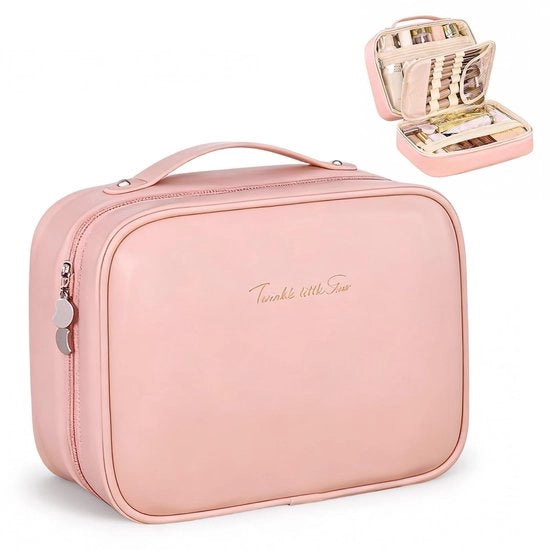 Tas per donne con maniglia, organizzatore di cosmetici da viaggio, borsa impermeabile, grande borsa di make-up, valigetta da viaggio con cassetta per pennelli da make-up, rosa, L, valigetta di cosmetici