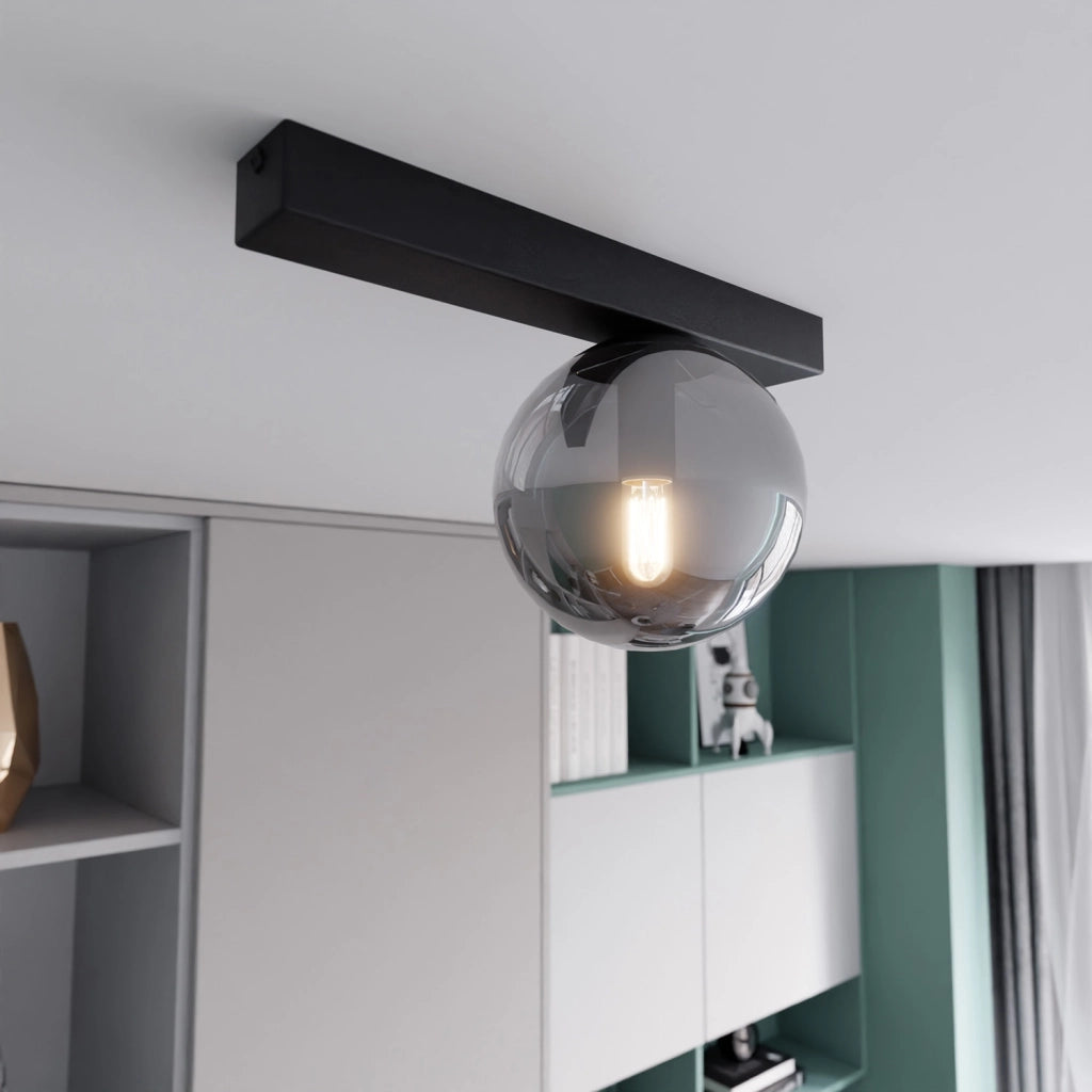 Plafoniera Moderna 1 Luce Giapeto Barra In Acciaio Nero E Sfera Di Vetro Fumè