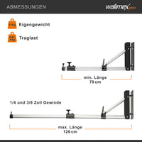 Supporto a parete per illuminazione fotografica 70-120cm, 90 x 700 x 190 mm, max 6 kg, con Spigot, per faretti luci flash studio fotografico