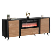 Credenza Briano, Madia da salotto con due ante battenti, anta a ribalta e camino elettrico, Rialzata da terra, 191x40 h69 cm, Nero e Noce