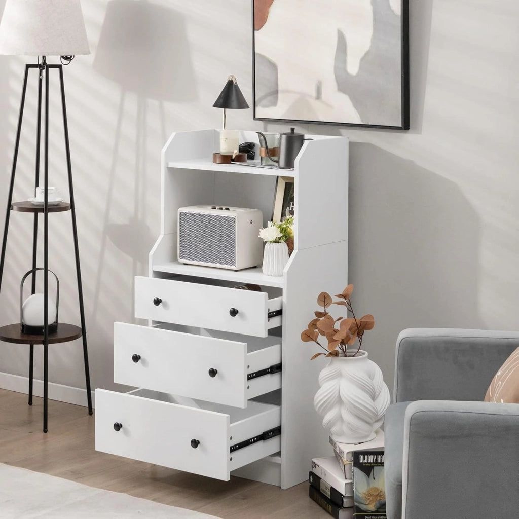 Cassettiera con 3 cassetti per camera da letto, cassettiera con ripiani aperti, mobile con dispositivo antiribaltamento, armadio ausiliario per soggiorno, studio, 58 x 36 x 111 cm, bianco