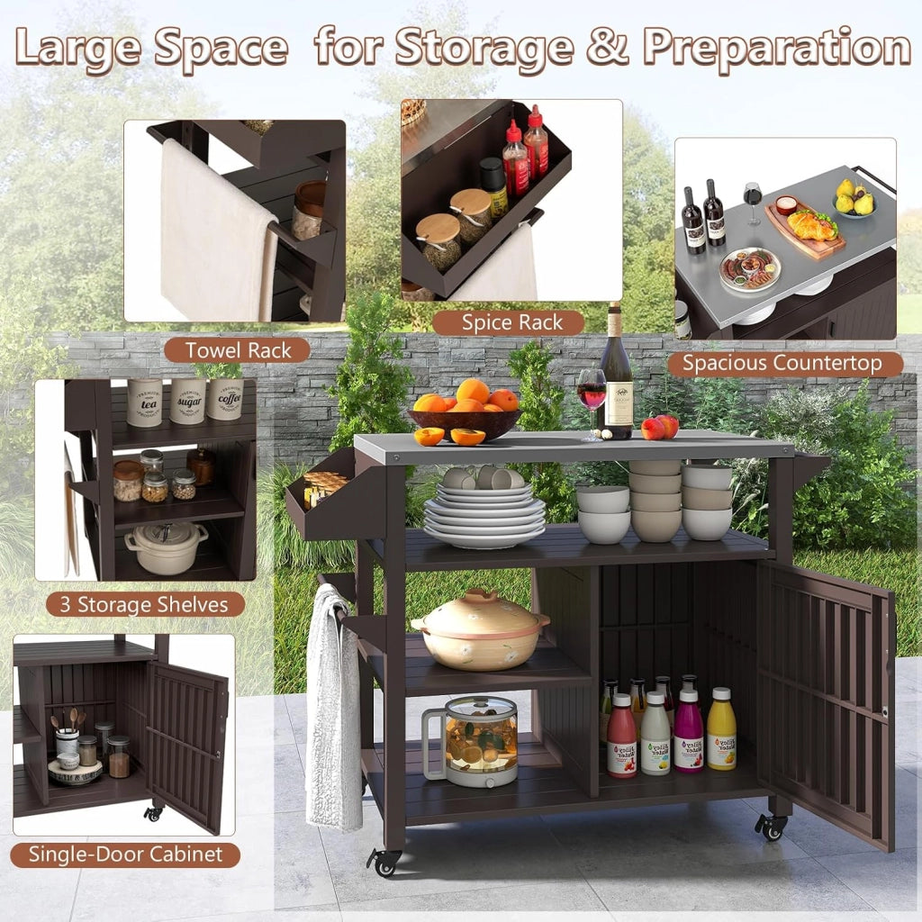 Carrello Barbecue a 3 Ripiani, Carrello per Grigliare in Metallo, Carrello da Pranzo per BBQ, Campeggio, Festa, con Piano in Acciaio Inox, Scaffali, Porta Spezie e Porta Asciugamani, Marrone