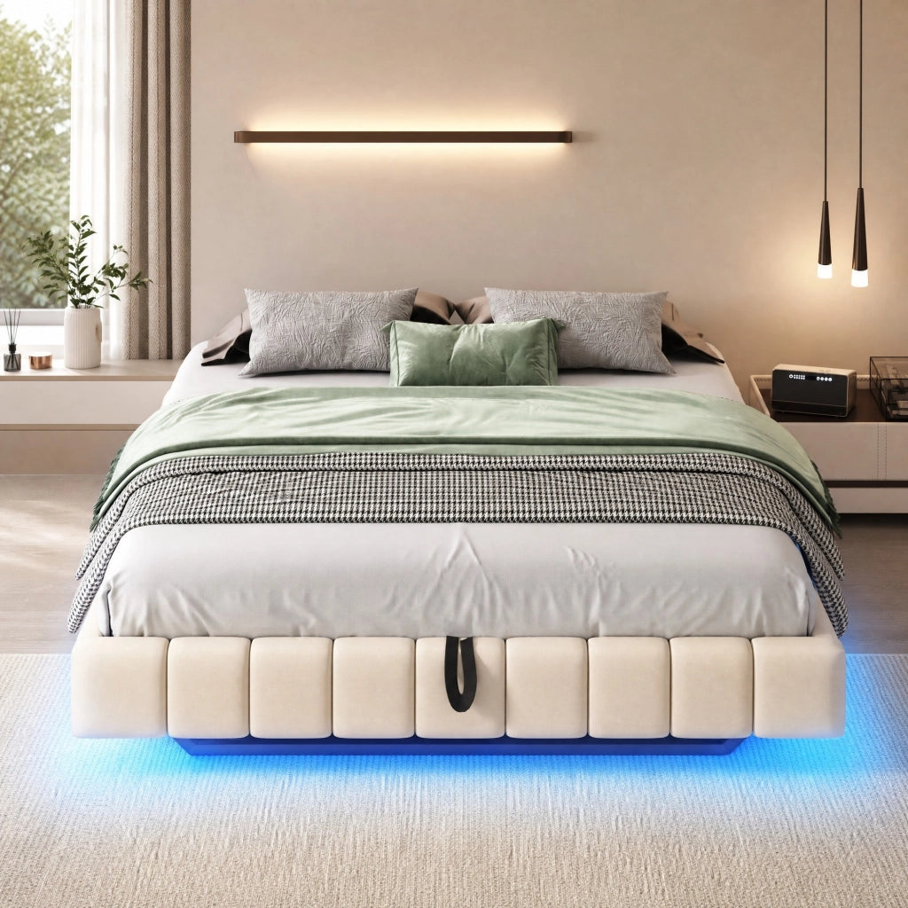 Letto matrimoniale imbottito 160x200 cm sospeso con LED; contenitore; beige