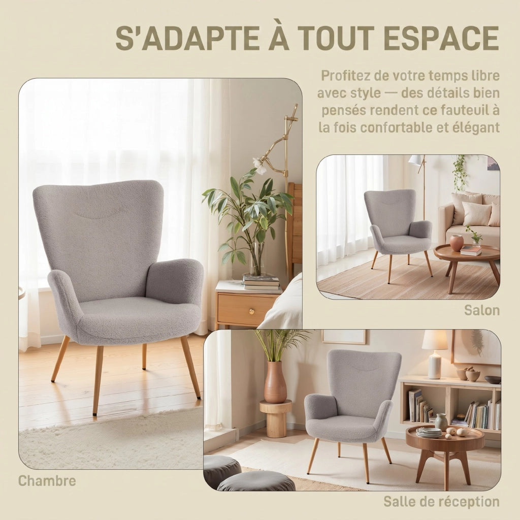 Poltrona imbottita in tessuto boucl¨¨ con schienale alto e braccioli ¨C Zephmum ¨C Grigio 71x74x97,5cm