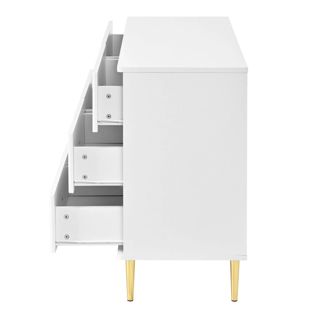Sideboard bianco con 6 cassetti; frontali ovali e gambe in metallo; 120x40x75 cm