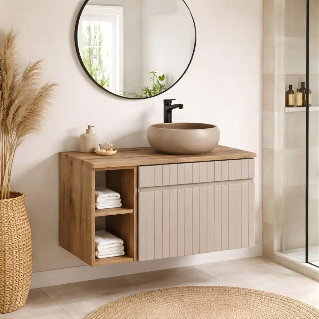 Insieme ICON: mobile sotto lavabo 60cm cachemire con nicchie visibili + piano per lavabo effetto legno + lavabo da appoggio rotondo