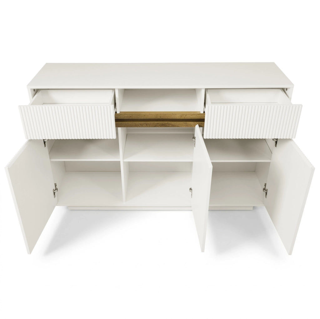 Credenza bianca con LED, 2 cassetti e ripiani regolabili