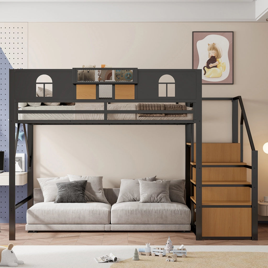 LETTO a soppalco 140x200 cm in metallo nero con scala contenitore
