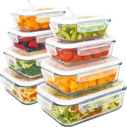 Pacchetto di 8 contenitori in vetro per conservazione. Diversi formati (1,5L + 1L + 0,6L + 0,36L). Ercolino e fessura per vapore. Adatto per microonde, forno, congelatore e lavastoviglie.