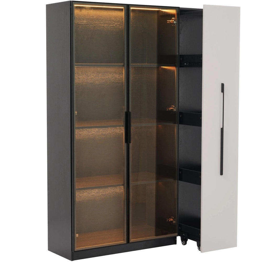 Armadio Multifunzione con Vetrina LED e Ripiani ¨C MINIMAL ¨C Bianco e Nero, 110x35x160 cm