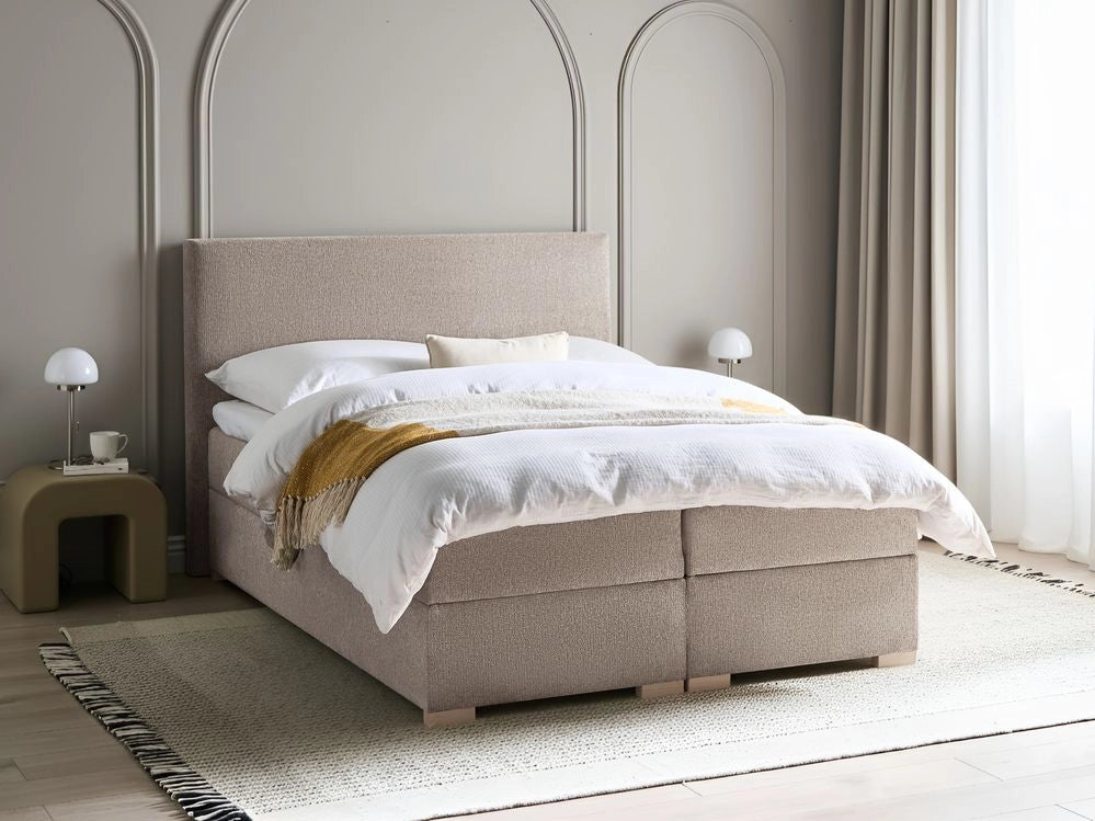 Letto matrimoniale con contenitore sollevabile in tessuto tortora 140 x 200 cm con testiera stile moderno