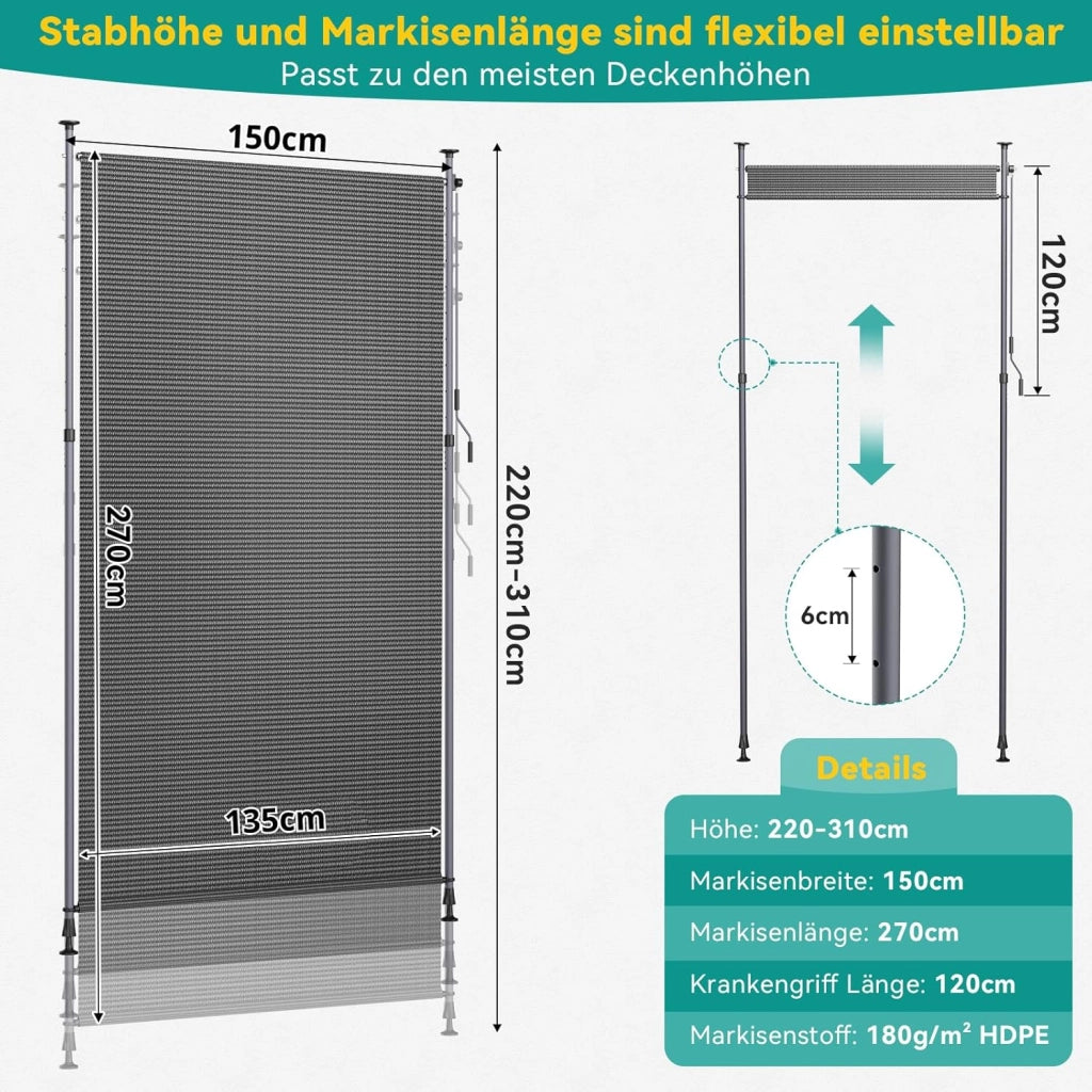 Tenda Verticale HDPE 150×310 cm Grigio, Tenda a Pinza Estensibile, Senza Forare, Privacy, Protezione Solare UV, Antivento, Resistente Alle Intemperie - per Balcone, Giardino, Terrazza