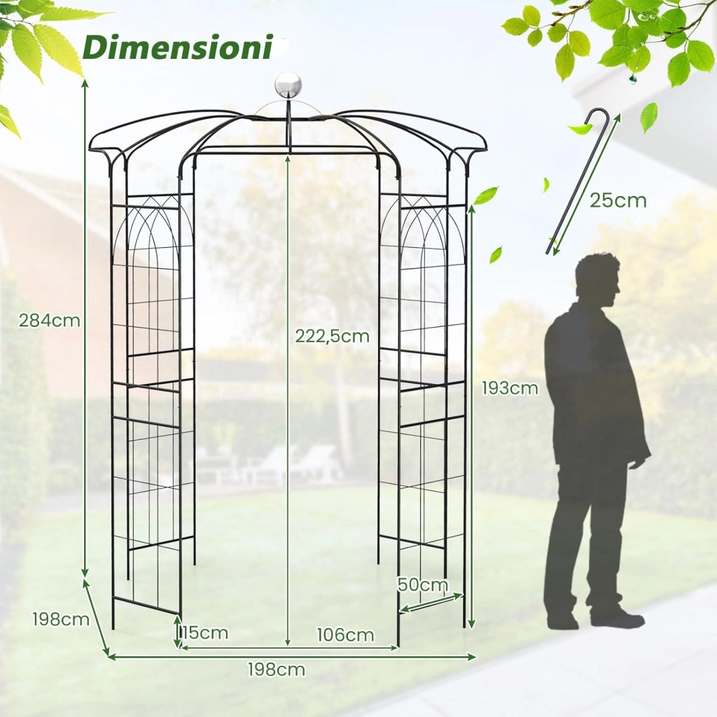 Traliccio ad Arco in Metallo Zincato per Piante Rampicanti, Gazebo a Forma di Gabbia per Uccelli con Gancio e Paletti, Pergola da Giardino per Cerimonie, 198 x 284 cm, Nero