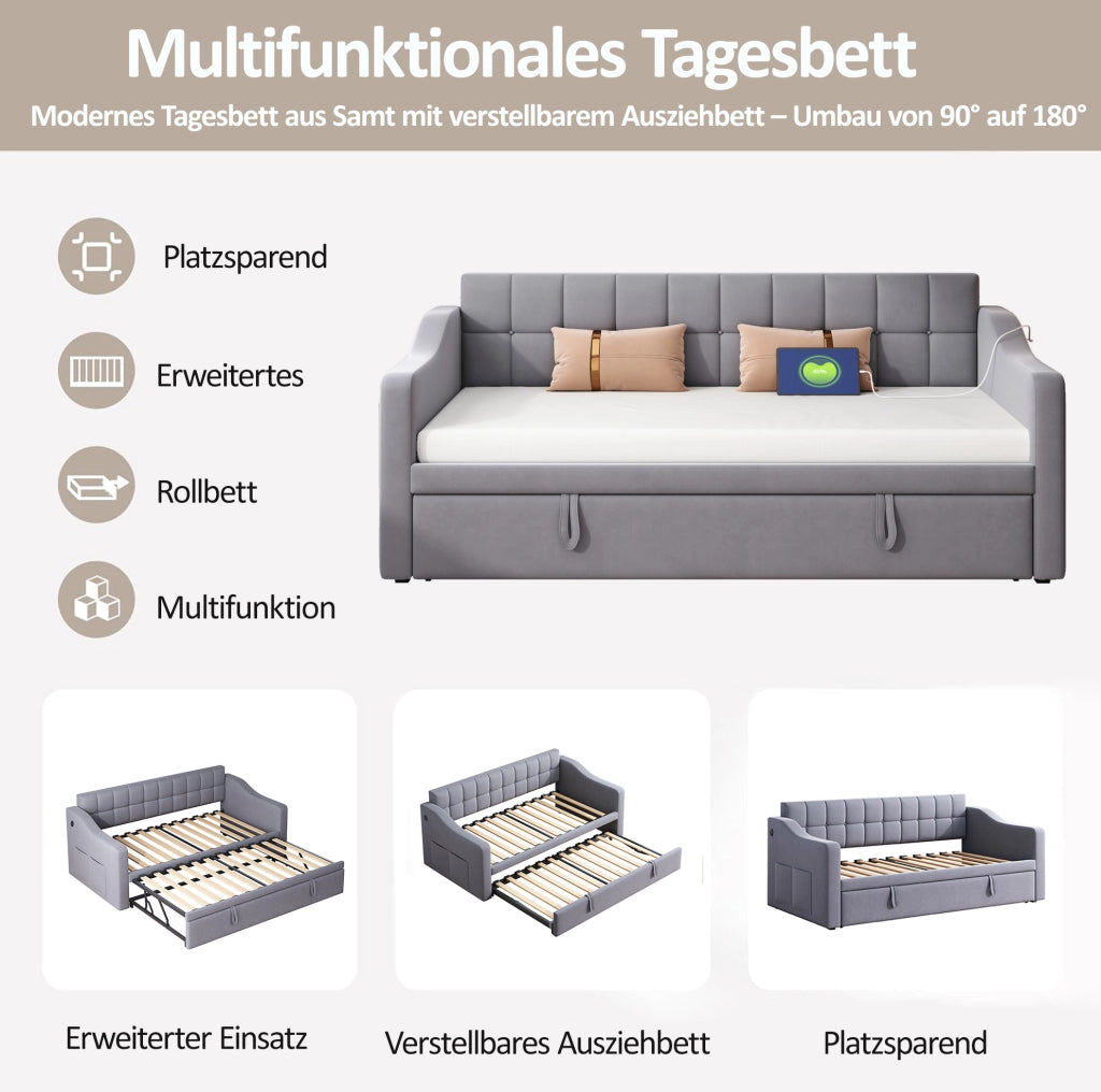 Letto imbottito estraibile 90x190 cm grigio con porte USB