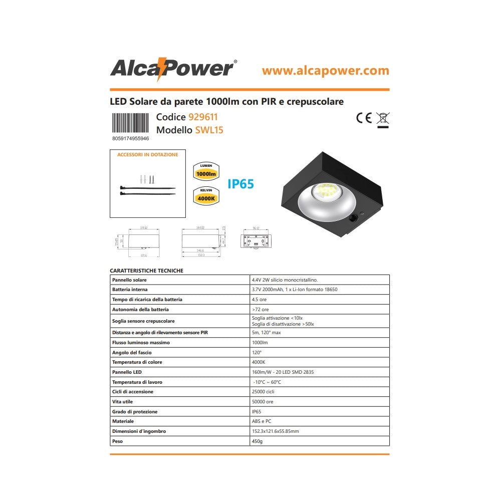 Alca power lampada proiettore solare da parete con pir e crepuscolare 1000lm