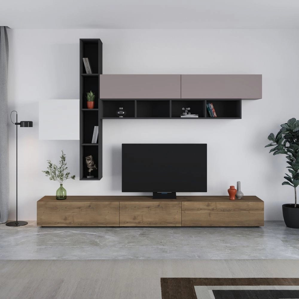Parete attrezzata Fashion base colore hitit noce e pensili antracite, bianco e tortora  H 205x40x275 cm.