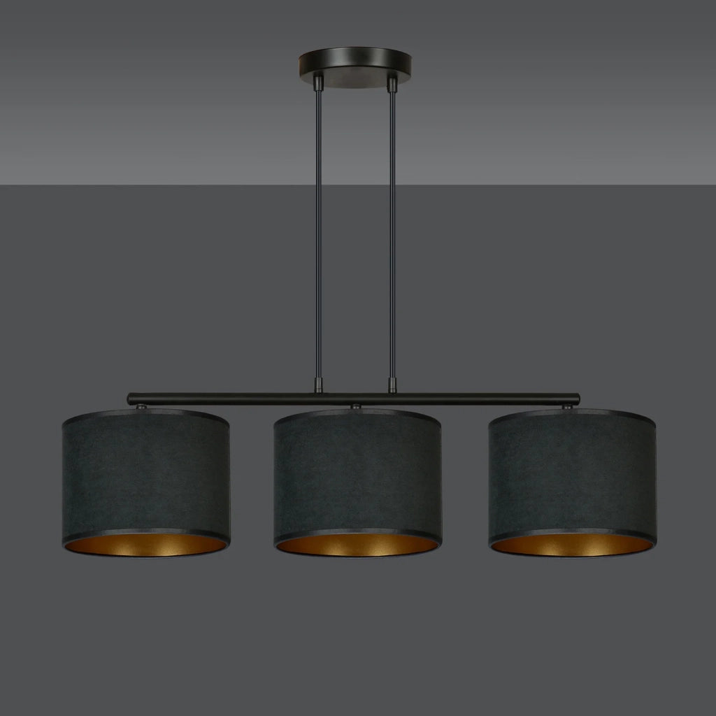 Lampadario 3 Luci Ganesha In Acciaio Nero E Paralumi In Tessuto Nero