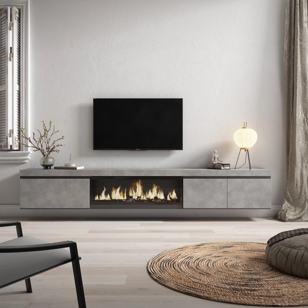 Mobile TV Soggiorno, 288x35x45cm, TV di grande formato, Camino elettrico XXL, da appendere, grigio cemento RF3617