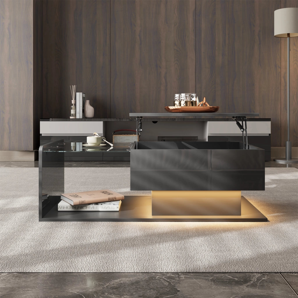 OKWISH Tavolino da Caffè Alzabile con Vetro Temperato, Vano Contenitore e LED, per Soggiorno, 100 x 50 x 33/47.5 cm, Nero