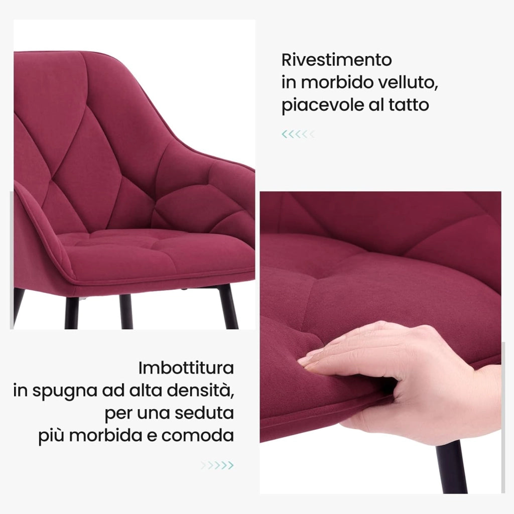 Set di 2 Sedie da Pranzo con Braccioli e Schienale, Sedie Cucina Moderna in Velluto, Poltrone da Salotto con Gambe in Metallo, Sedie ergonomiche per Ufficio, Bar, Bordeaux, EZS02bd-2