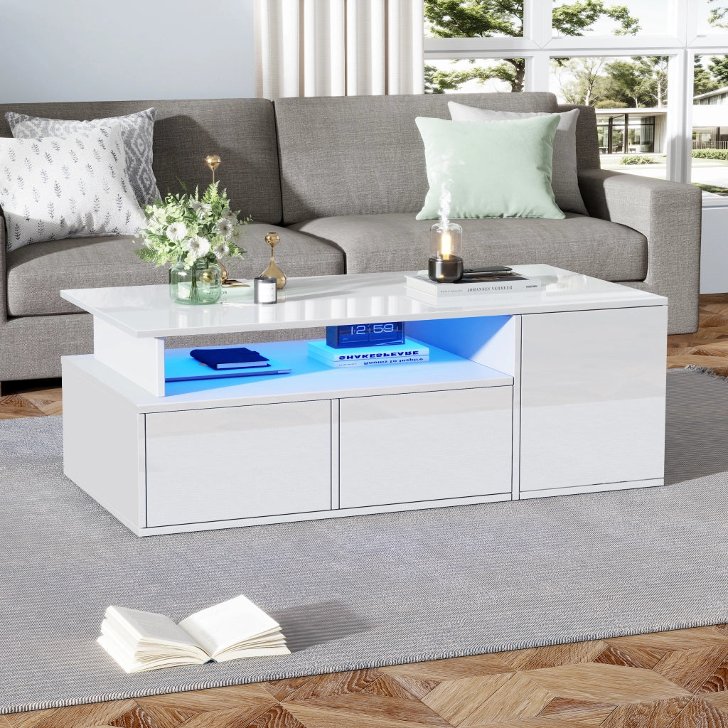 Tavolino da Salotto con 2 Cassetti e LED; Contenimento a 3 Livelli; Bianco Lucido; in Truciolare; 100×50×35 cm