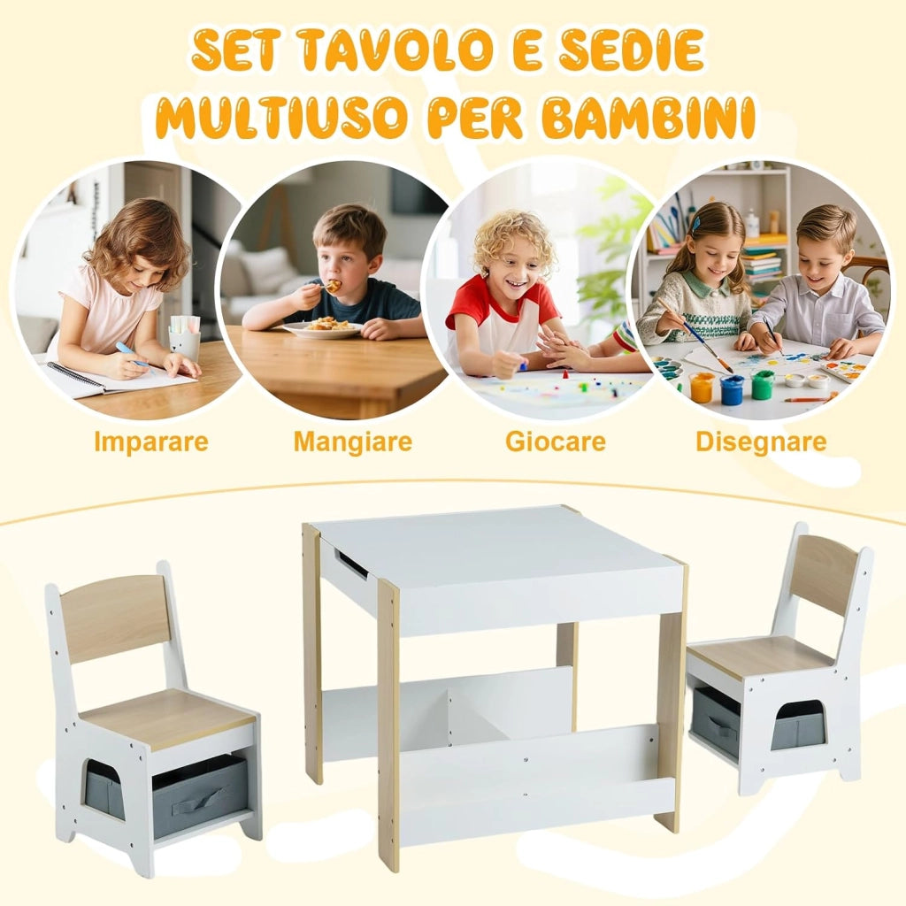 4 in 1 Set Tavolo e Sedie per Bambini 3+ Anni, Tavolo e Sedie con Piano Reversibile, Scaffali e Cassetti, Ideale per Disegno, Lettura e Studio (Naturale, Stile 3)