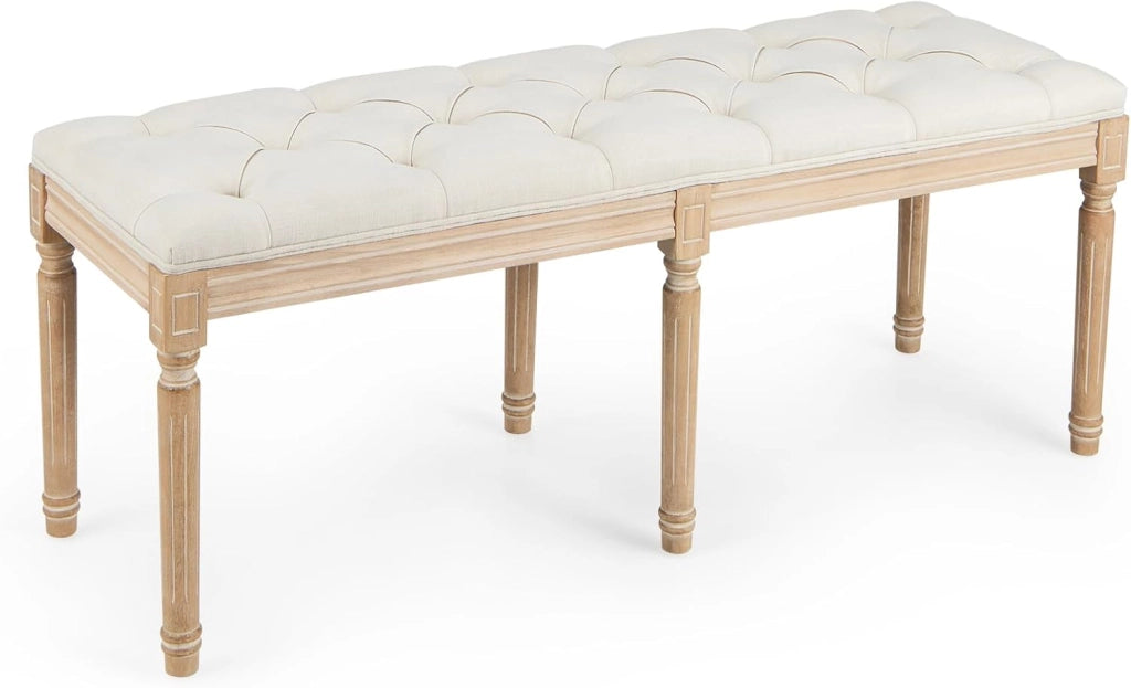 Panca d'Ingresso Vintage Francese, Panca da Pranzo Imbottita da 120 cm con Gambe in Legno di Gomma Massiccio, Sedia Pouf Capitonné a Fine Letto per Ingresso, Soggiorno e Camera da Letto