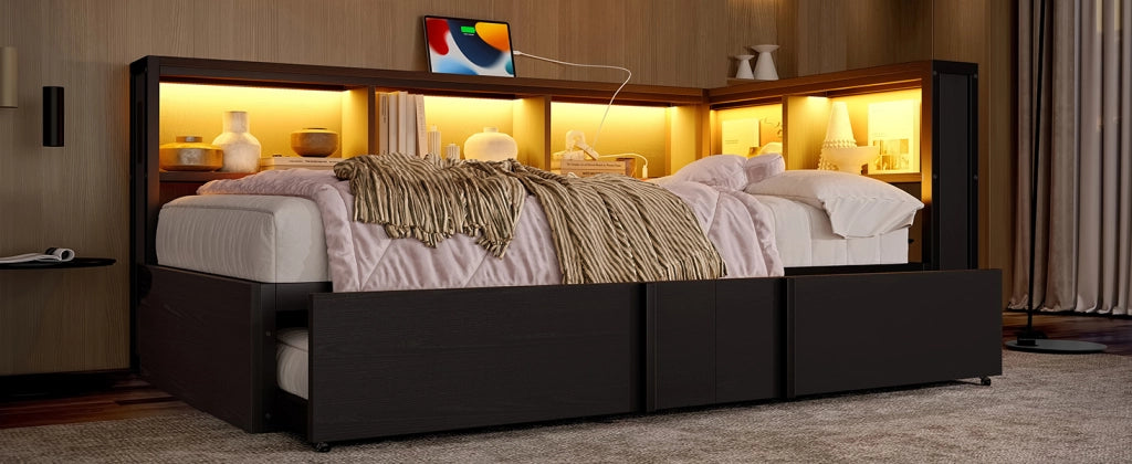 Daybed in metallo con letto estraibile, armadi, LED e USB, 90x200 cm, nero