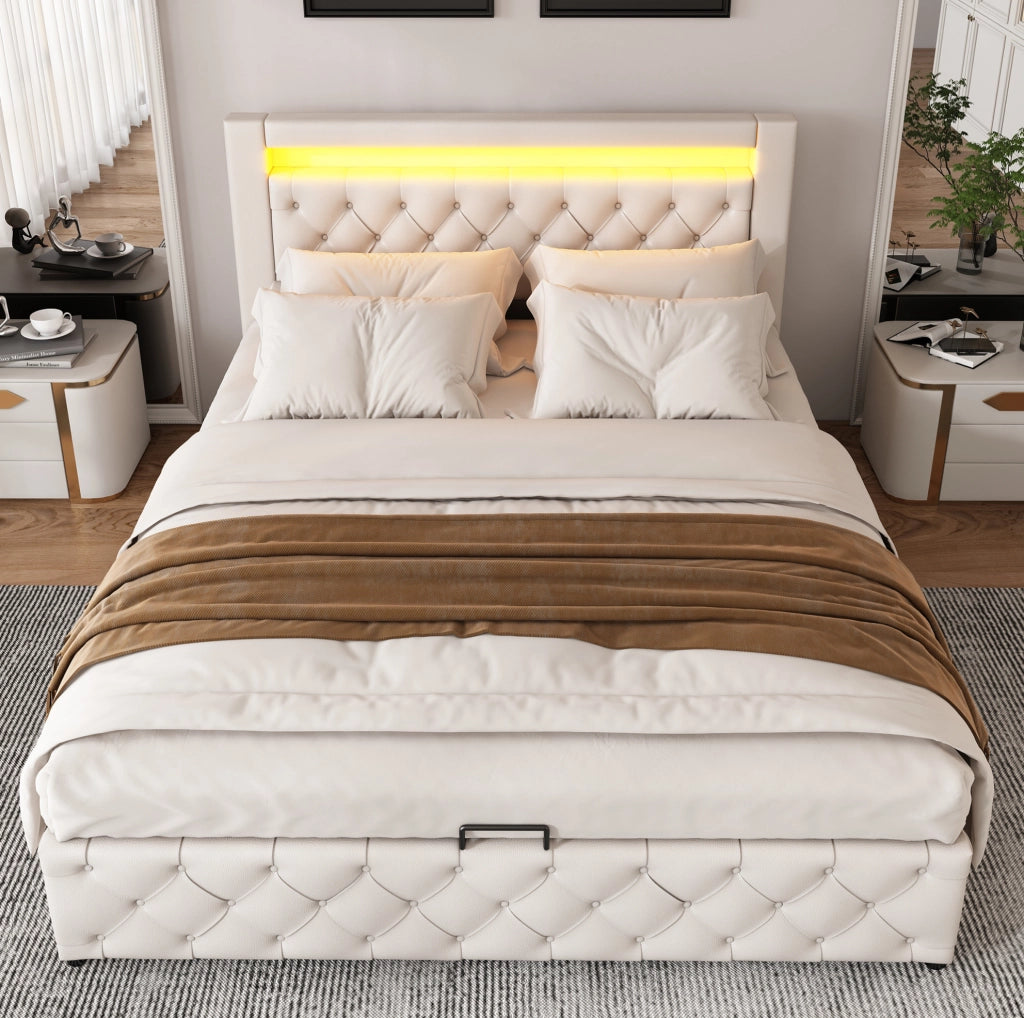 Letto imbottito 140x200 cm con contenitore; LED; rete a doghe; PU bianco